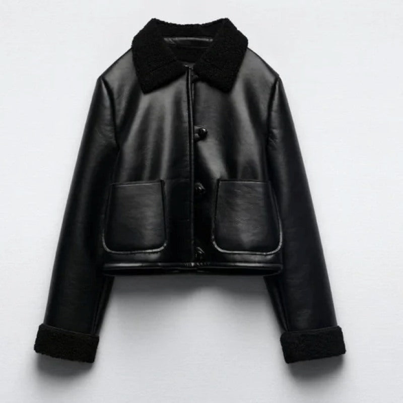 Sherpa-Lined Leather Coat